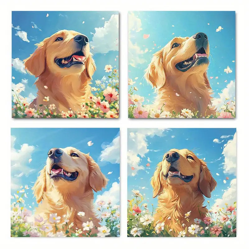 4pcs  Spring Joy Golden Retriever  pl  Wall Art Canvas Framed
