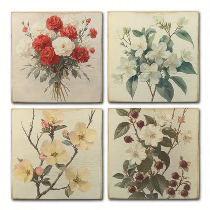 4pcs Red,White & Yellow Flower Boque Wall Art Canvas Framed