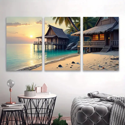 3pcs Palm Tree Ocean Beach Paradise Poster Wall Art Set Canvas Framed 50x70cm - High Quality Print 100% Australian Made Wall Canvas Ready to Hang