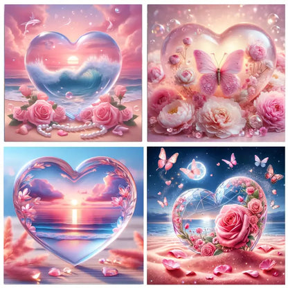 4pcs  Pink Heart-Shaped Flower Wall Art Canvas Framed