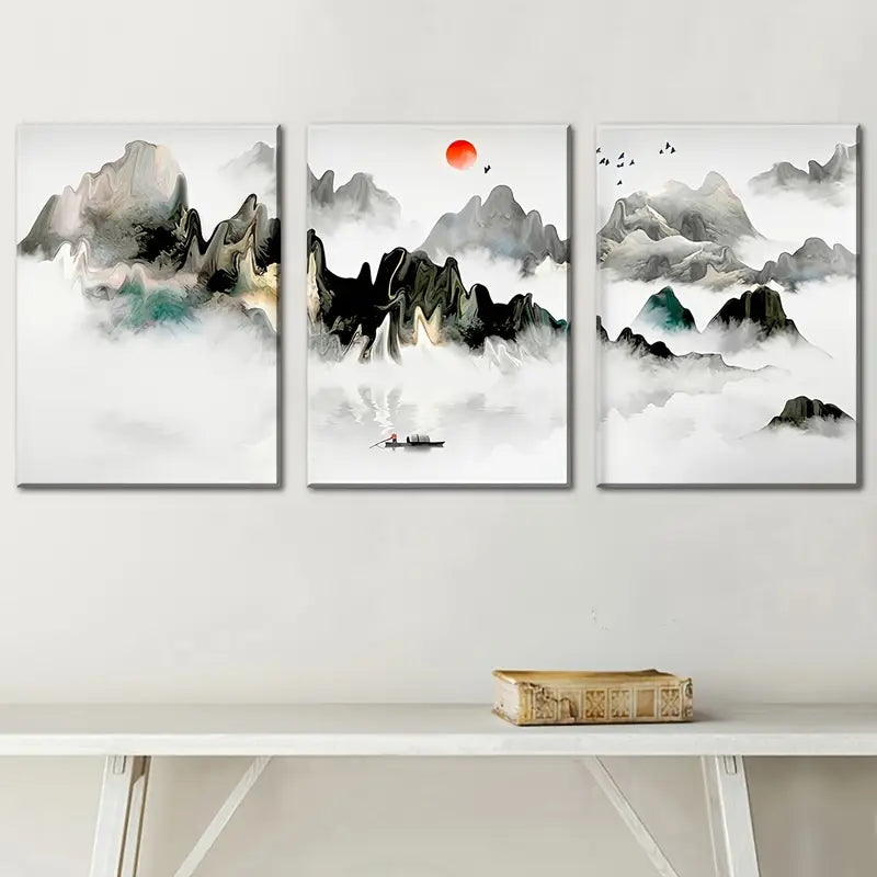 3pcs Chinese Style Mountain And Lake Print Metal Print Ready to Hang Art - Bella Home Decor