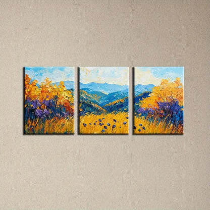3pcs Watercolor Autumn Wheat Field Scenery Painting Metal Print Ready to Hang Art