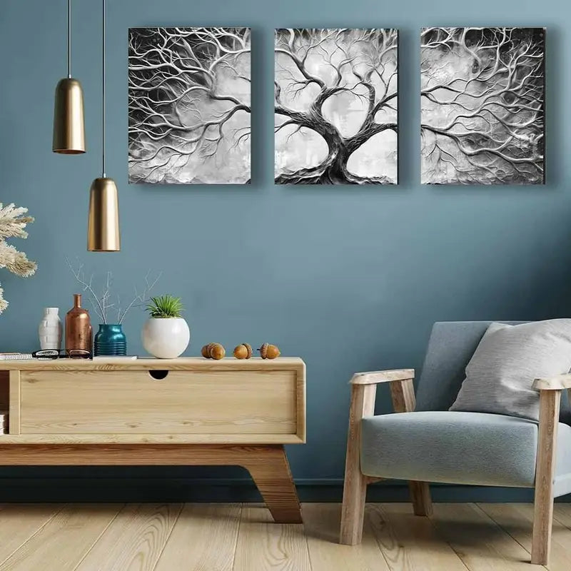 3pcs Black And White Tree Wall Art Metal Print Ready to Hang Art - Bella Home Decor