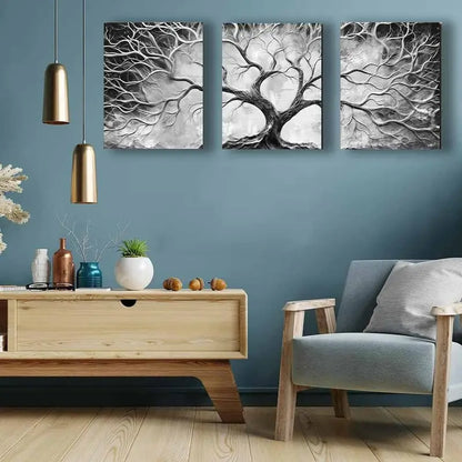 3pcs Black And White Tree Wall Art Metal Print Ready to Hang Art - Bella Home Decor