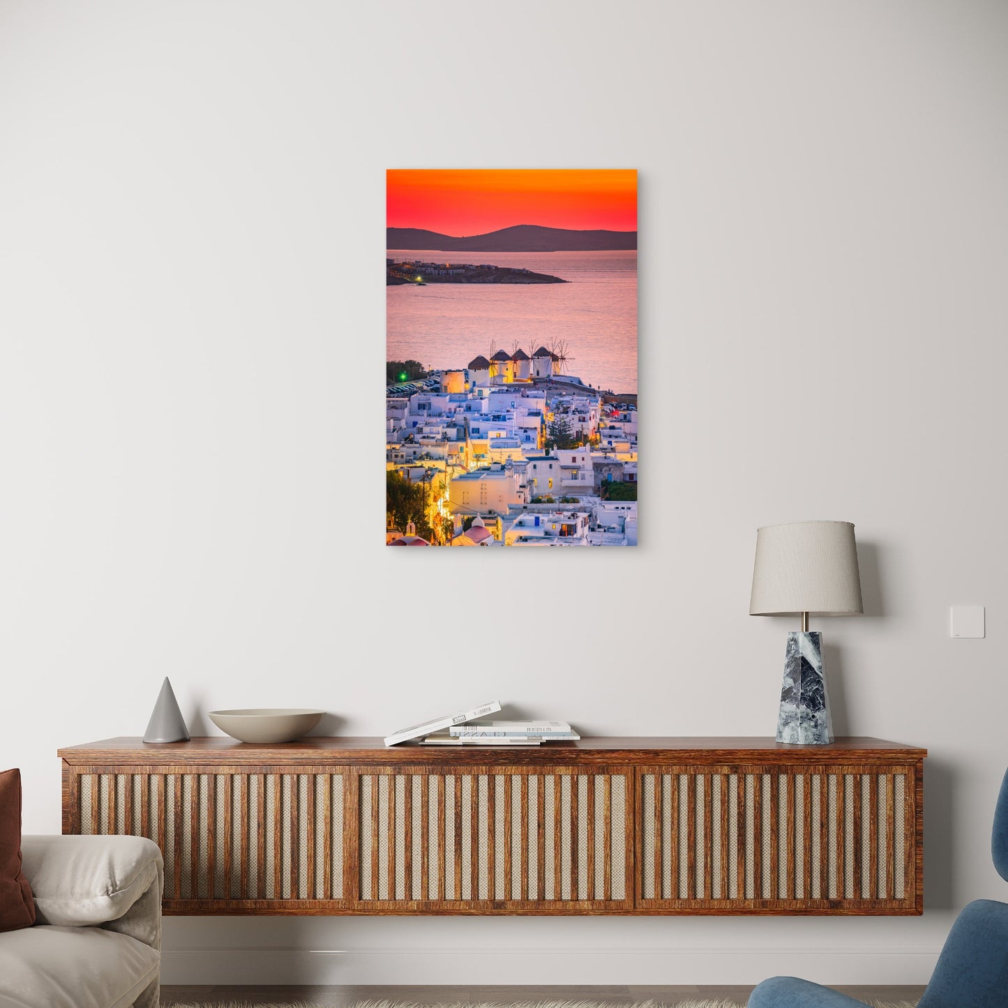 Mykonos Windmills Greece Sunset Town Sea View 40x60cm Metal Print Ready to Hang