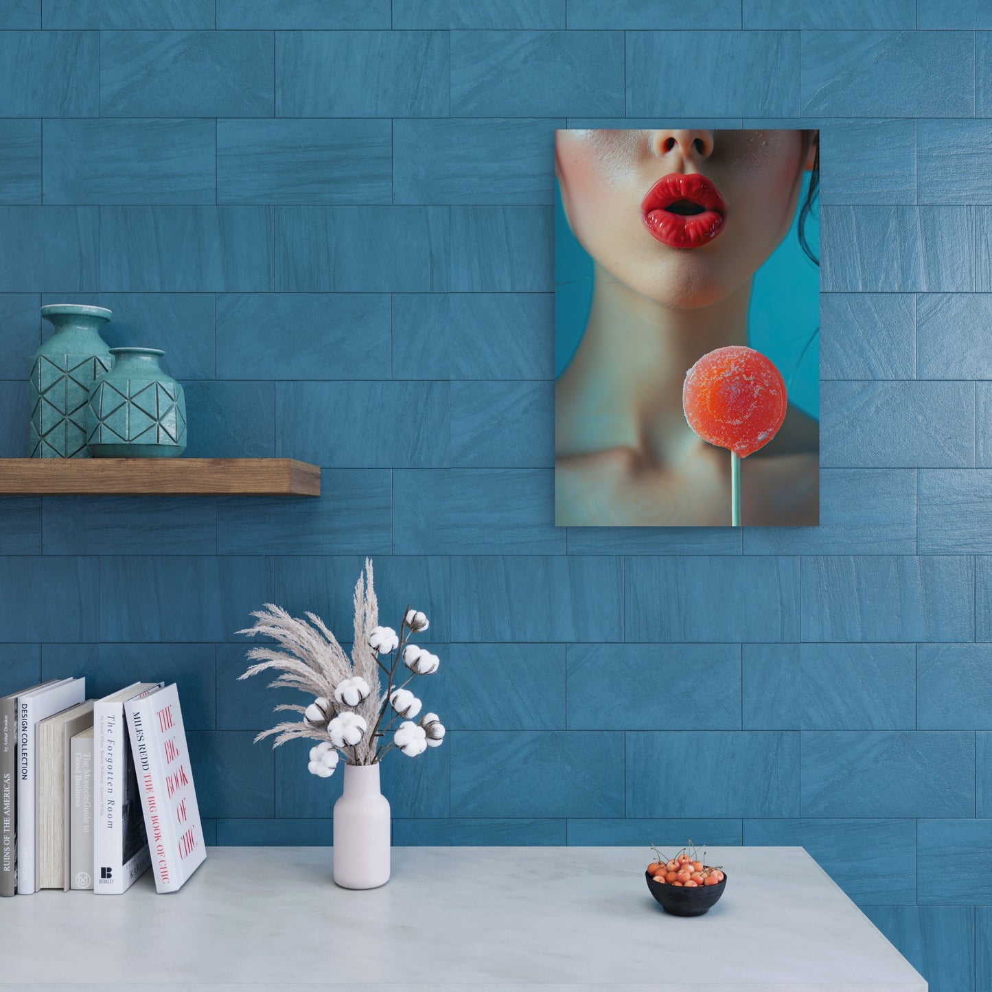 Close-Up of Red Lips with Red Lollipop 60x90cm Metal Print Ready to Hang