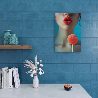 Close-Up of Red Lips with Red Lollipop 60x90cm Metal Print Ready to Hang