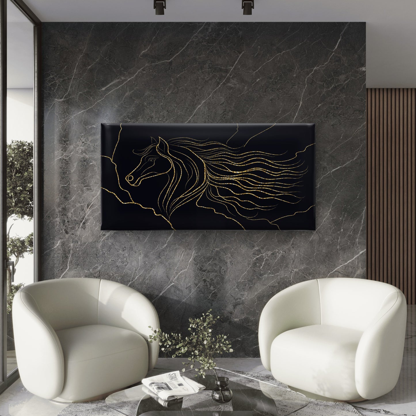 Elegant Luxury Gold Line Art Horse Wall Art Canvas Office Home Framed 120x60cm