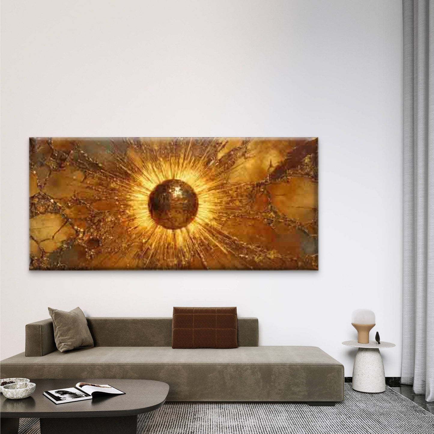 Radiant Golden Sunburst Wall Art Canvas Office Home Room Framed 120x60cm