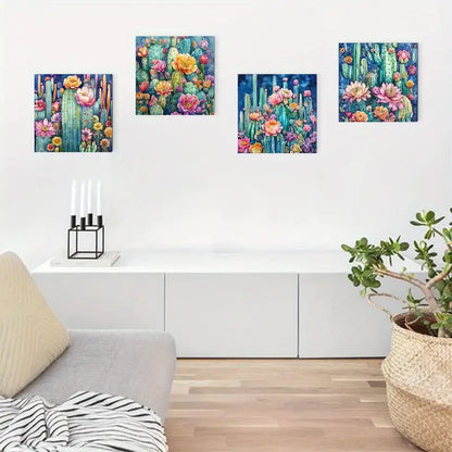 4pcs Blooming Cacti With Vibrant Flowers, Wall Art Canvas Framed