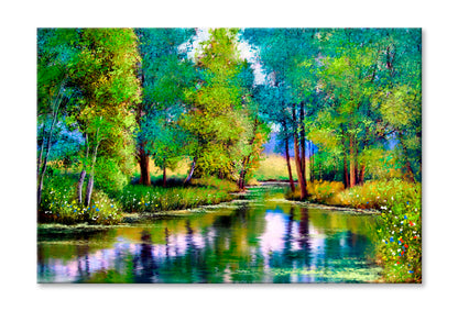 Autumn Trees and Lake Oil Painting Wall Art Limited Edition High Quality Print Stretched Canvas None