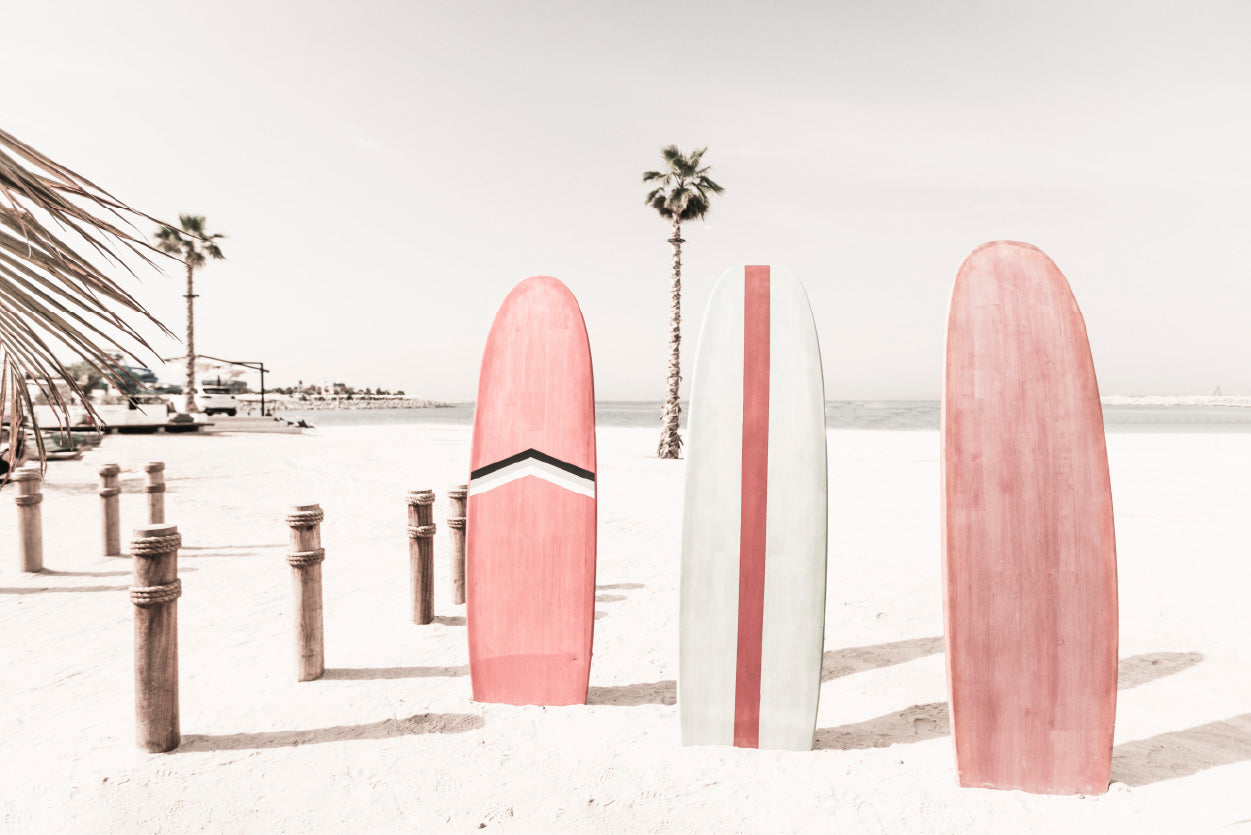 Surf Board Sea Bay & Palm Trees Photograph Glass Framed Wall Art, Ready to Hang Quality Print