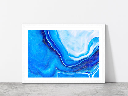 Blue Liquid Acrylic Painting Glass Framed Wall Art, Ready to Hang Quality Print With White Border White