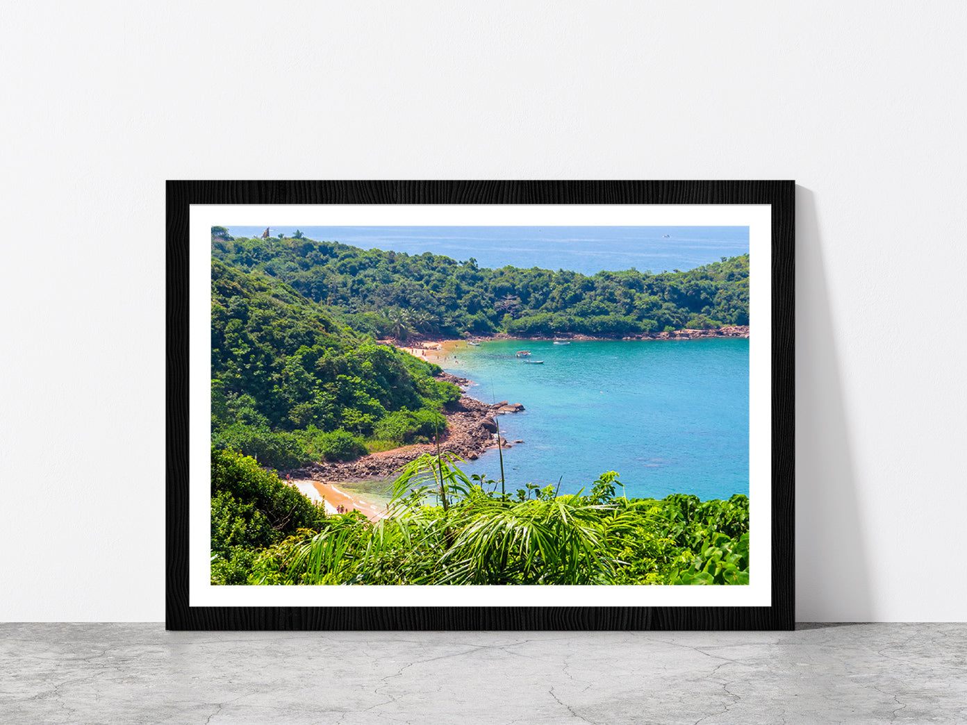 Jungle Beach In Unawatuna Glass Framed Wall Art, Ready to Hang Quality Print With White Border Black