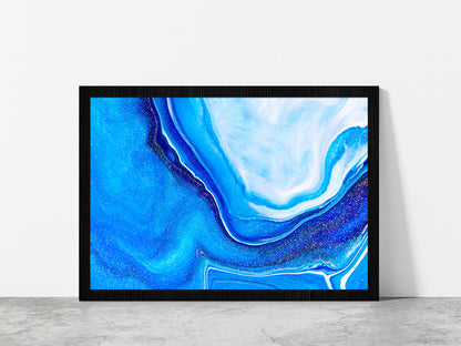 Blue Liquid Acrylic Painting Glass Framed Wall Art, Ready to Hang Quality Print Without White Border Black