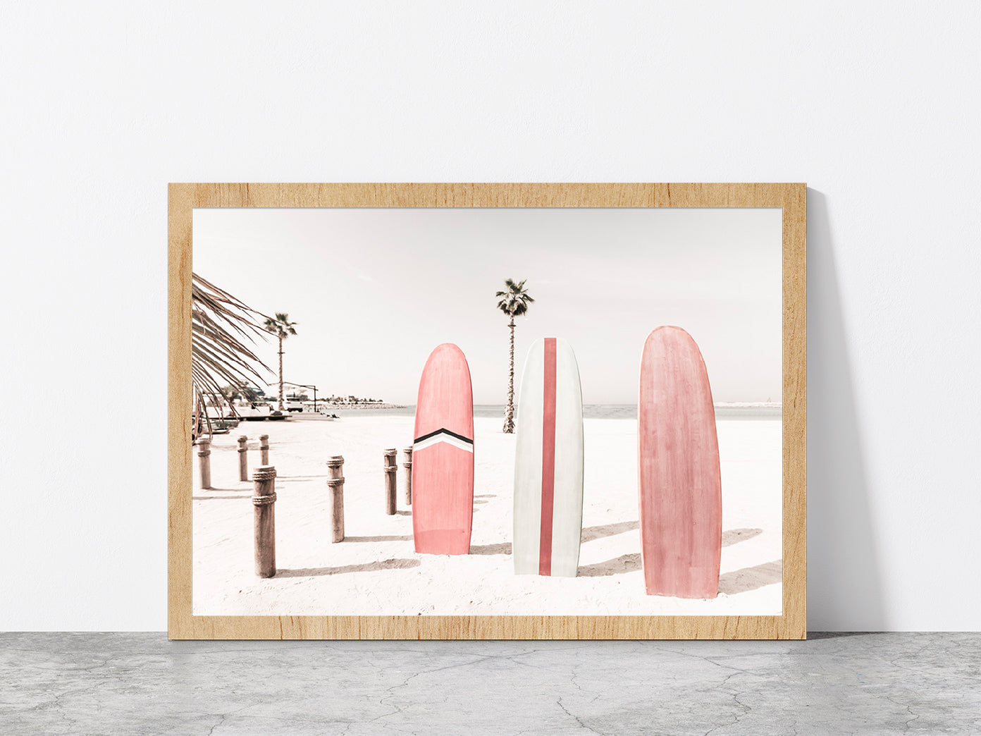 Surf Board Sea Bay & Palm Trees Photograph Glass Framed Wall Art, Ready to Hang Quality Print Without White Border Oak