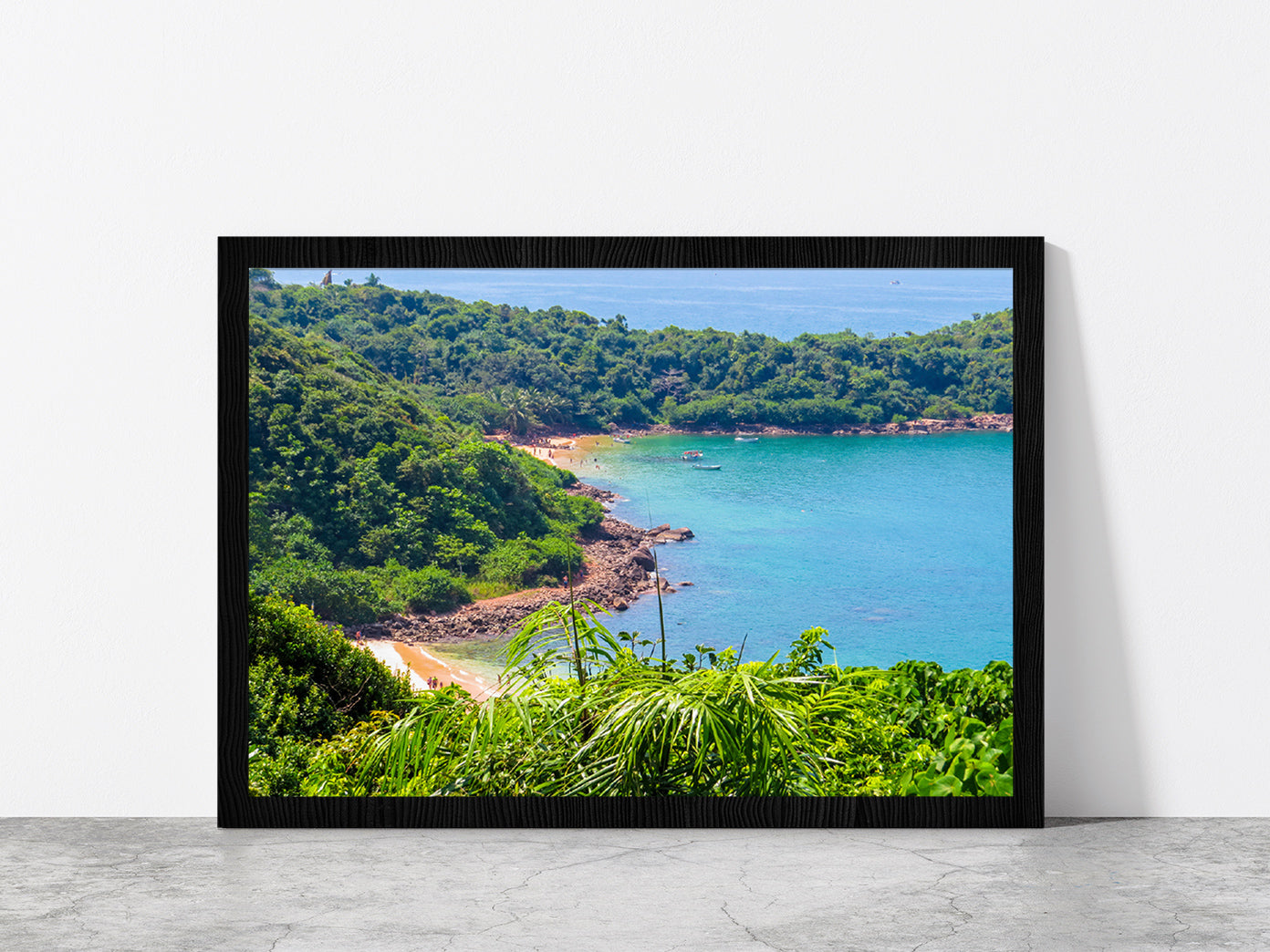 Jungle Beach In Unawatuna Glass Framed Wall Art, Ready to Hang Quality Print Without White Border Black