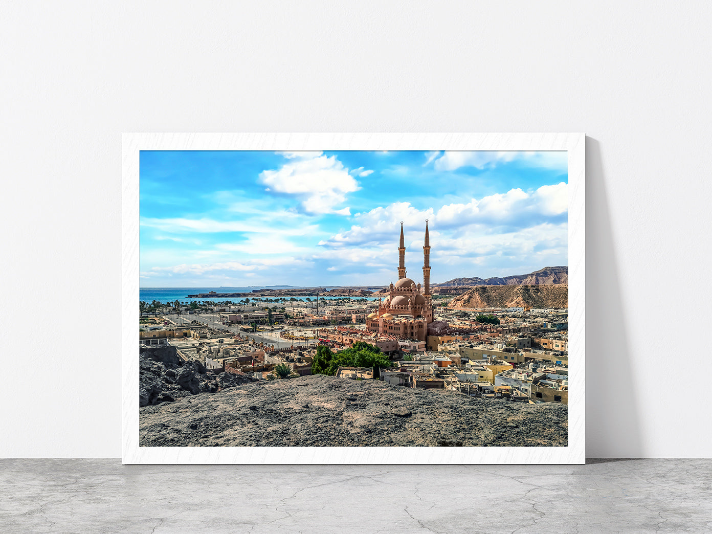 Egyptian Tourist Town & Red Sea Glass Framed Wall Art, Ready to Hang Quality Print Without White Border White