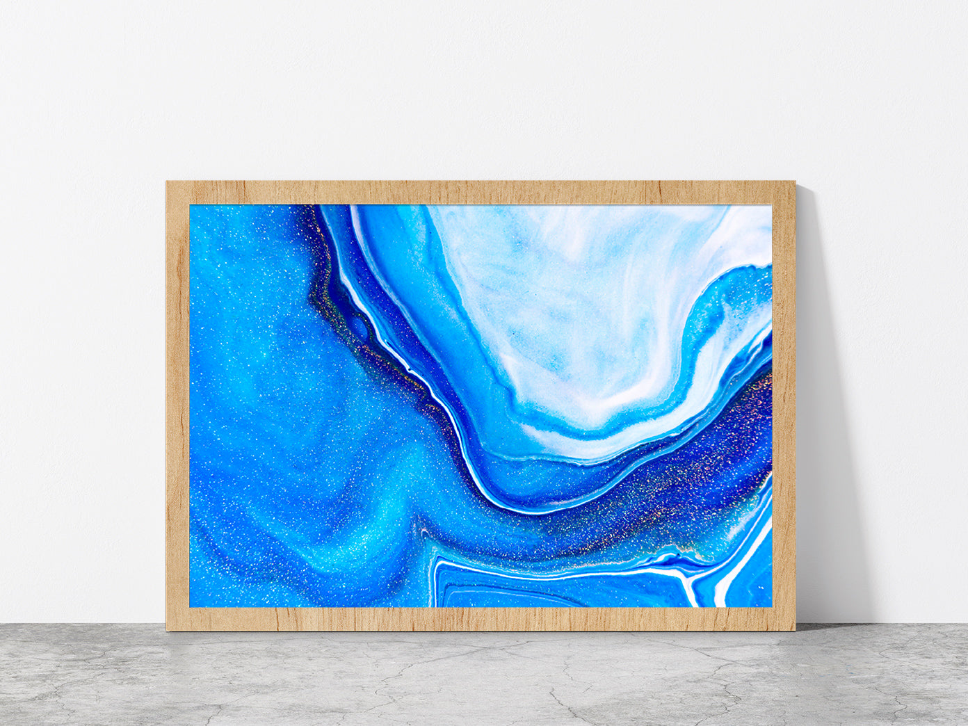 Blue Liquid Acrylic Painting Glass Framed Wall Art, Ready to Hang Quality Print Without White Border Oak