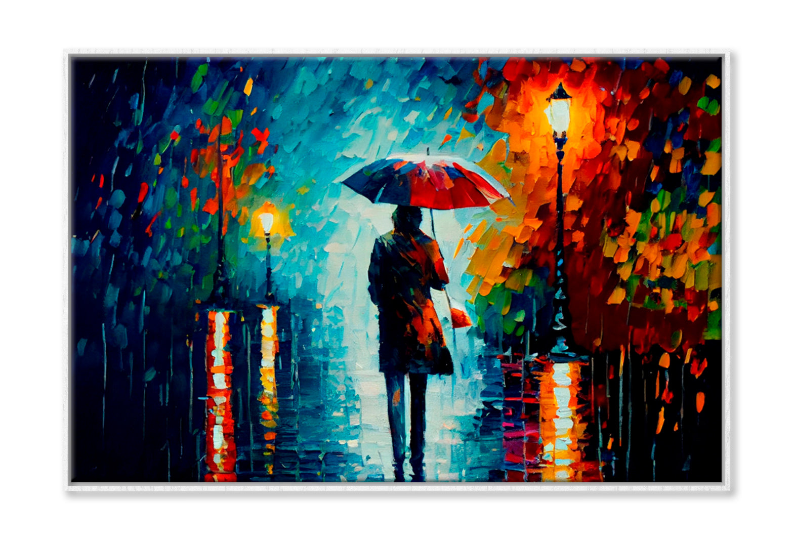 Walking In The Rain With Umbrella Oil Painting Wall Art Limited Edition High Quality Print Canvas Box Framed White