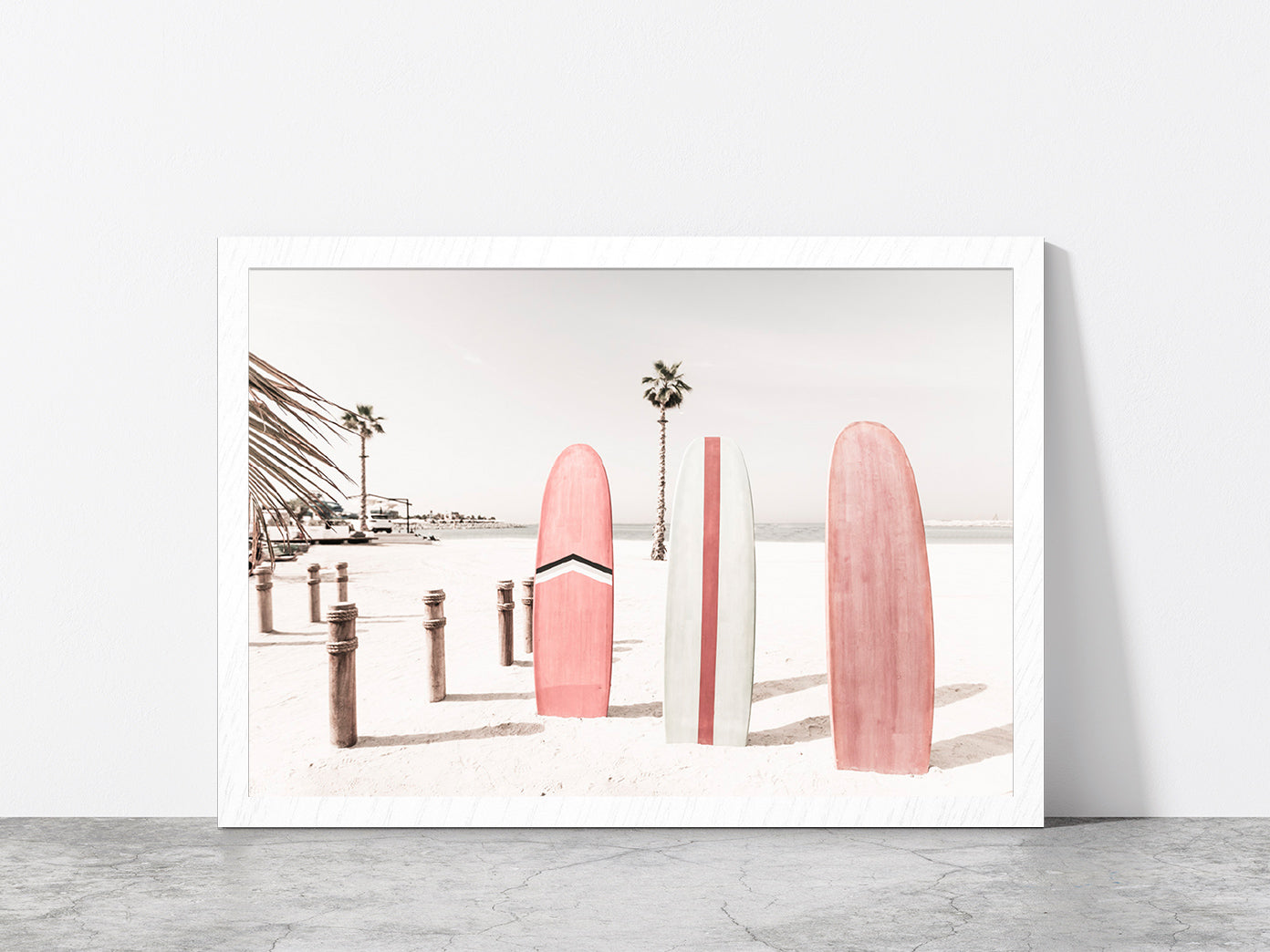 Surf Board Sea Bay & Palm Trees Photograph Glass Framed Wall Art, Ready to Hang Quality Print Without White Border White