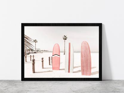 Surf Board Sea Bay & Palm Trees Photograph Glass Framed Wall Art, Ready to Hang Quality Print Without White Border Black