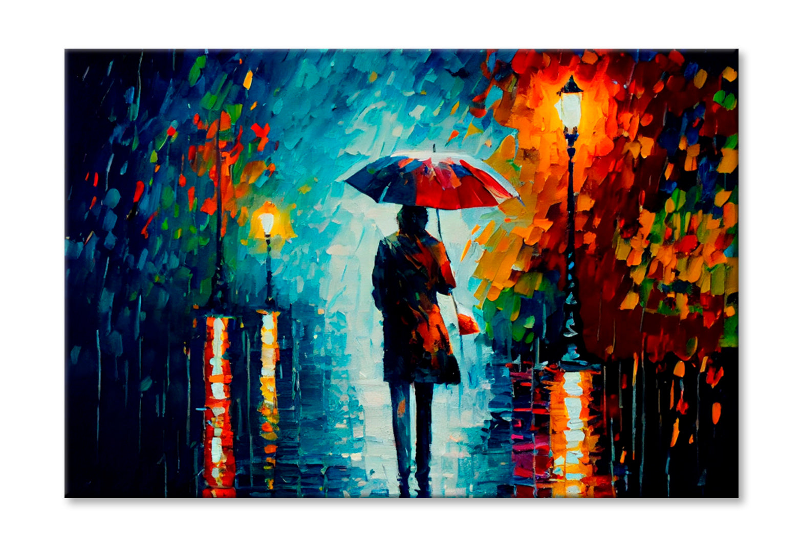 Walking In The Rain With Umbrella Oil Painting Wall Art Limited Edition High Quality Print Stretched Canvas None