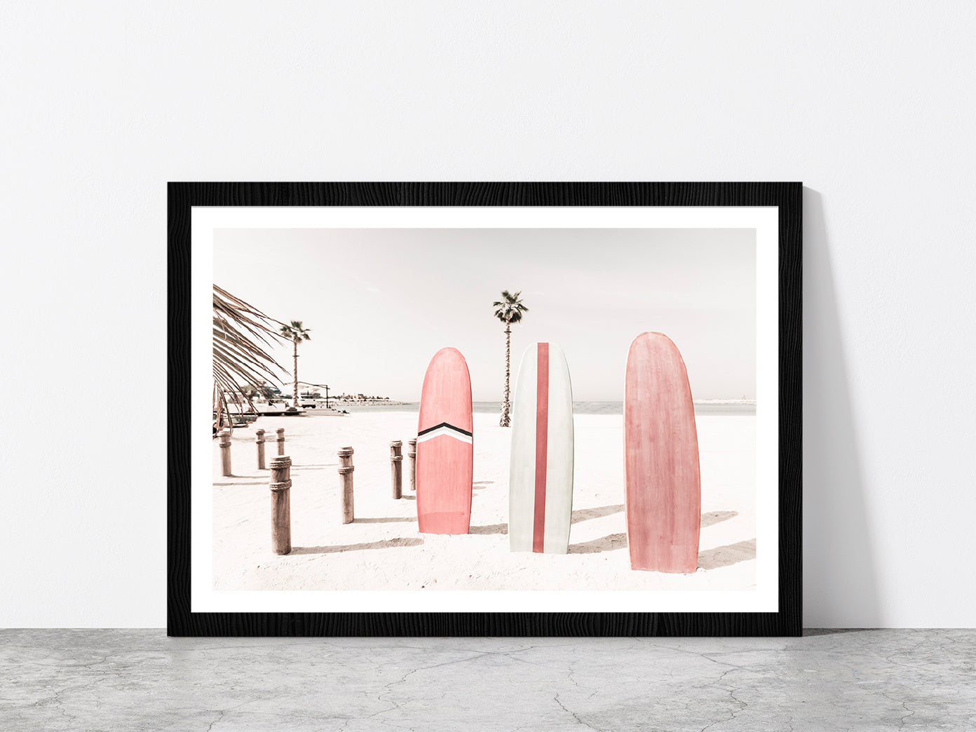 Surf Board Sea Bay & Palm Trees Photograph Glass Framed Wall Art, Ready to Hang Quality Print With White Border Black