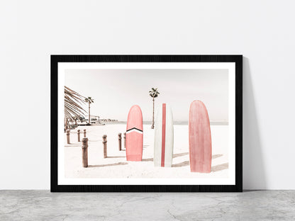 Surf Board Sea Bay & Palm Trees Photograph Glass Framed Wall Art, Ready to Hang Quality Print With White Border Black