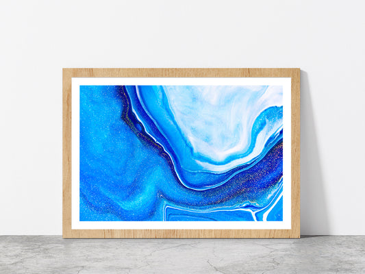 Blue Liquid Acrylic Painting Glass Framed Wall Art, Ready to Hang Quality Print With White Border Oak