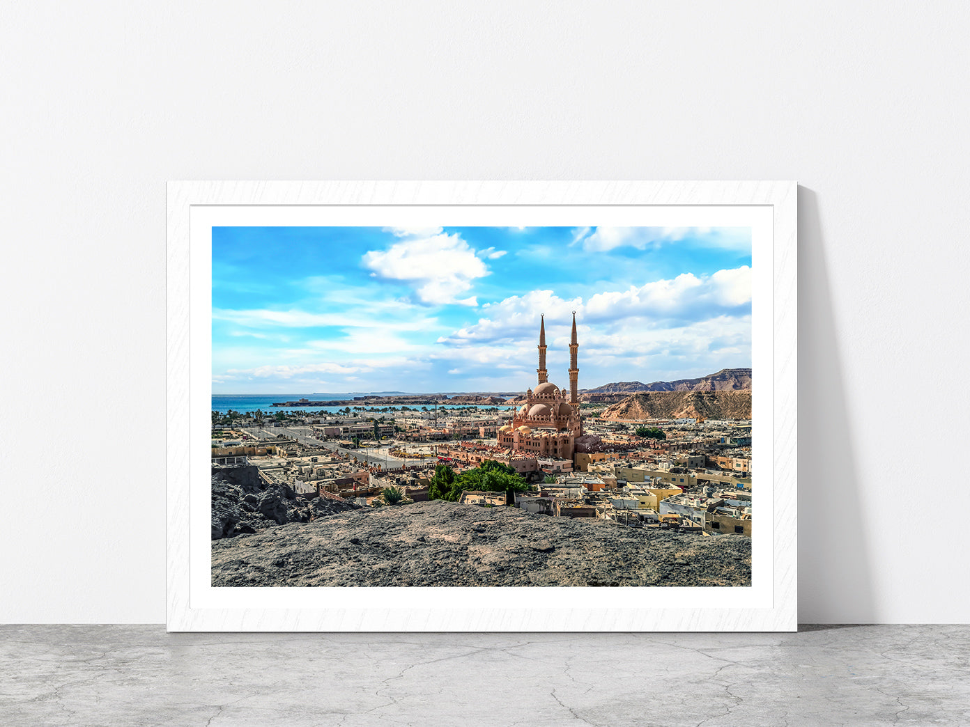 Egyptian Tourist Town & Red Sea Glass Framed Wall Art, Ready to Hang Quality Print With White Border White