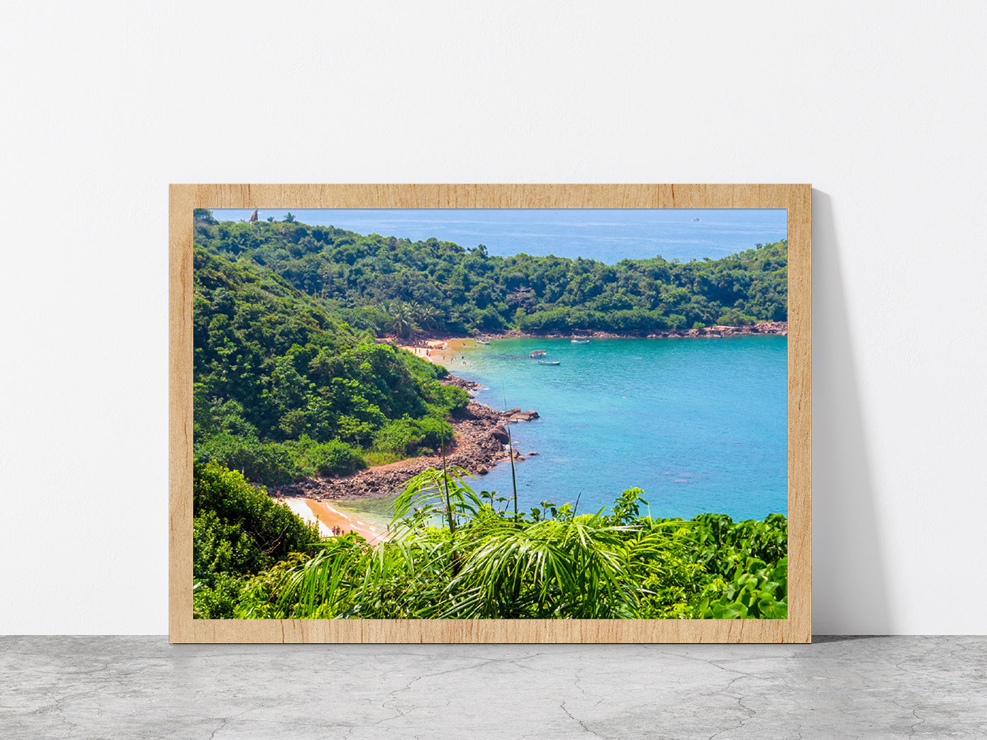 Jungle Beach In Unawatuna Glass Framed Wall Art, Ready to Hang Quality Print Without White Border Oak