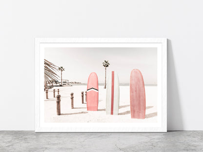 Surf Board Sea Bay & Palm Trees Photograph Glass Framed Wall Art, Ready to Hang Quality Print With White Border White