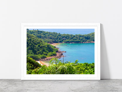 Jungle Beach In Unawatuna Glass Framed Wall Art, Ready to Hang Quality Print With White Border White