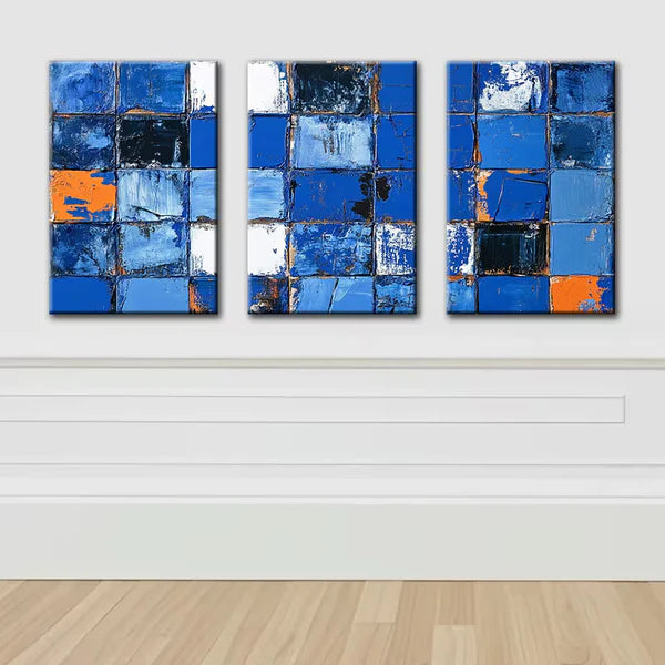 3pcs Blue square Illustration Wall Art Set Canvas Framed 50x70cm - High Quality Print 100% Australian Made Wall Canvas Ready to Hang