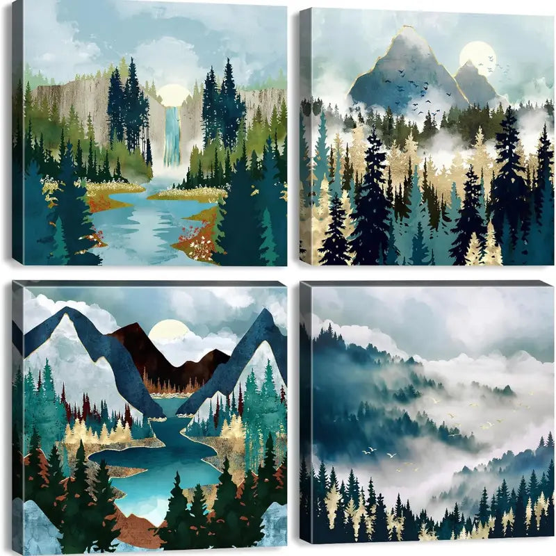 4pcs Forest Lake Golden Landscape Wall Art Canvas Framed