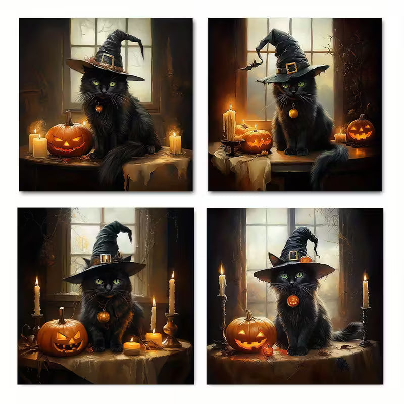 4pcs Sorcerer Black Cat Be Upset Light & Candle Wall Art Canvas Framed