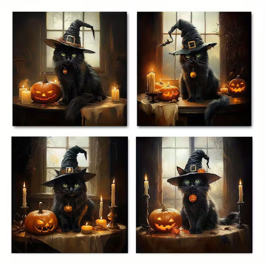 4pcs Sorcerer Black Cat Be Upset Light & Candle Wall Art Canvas Framed