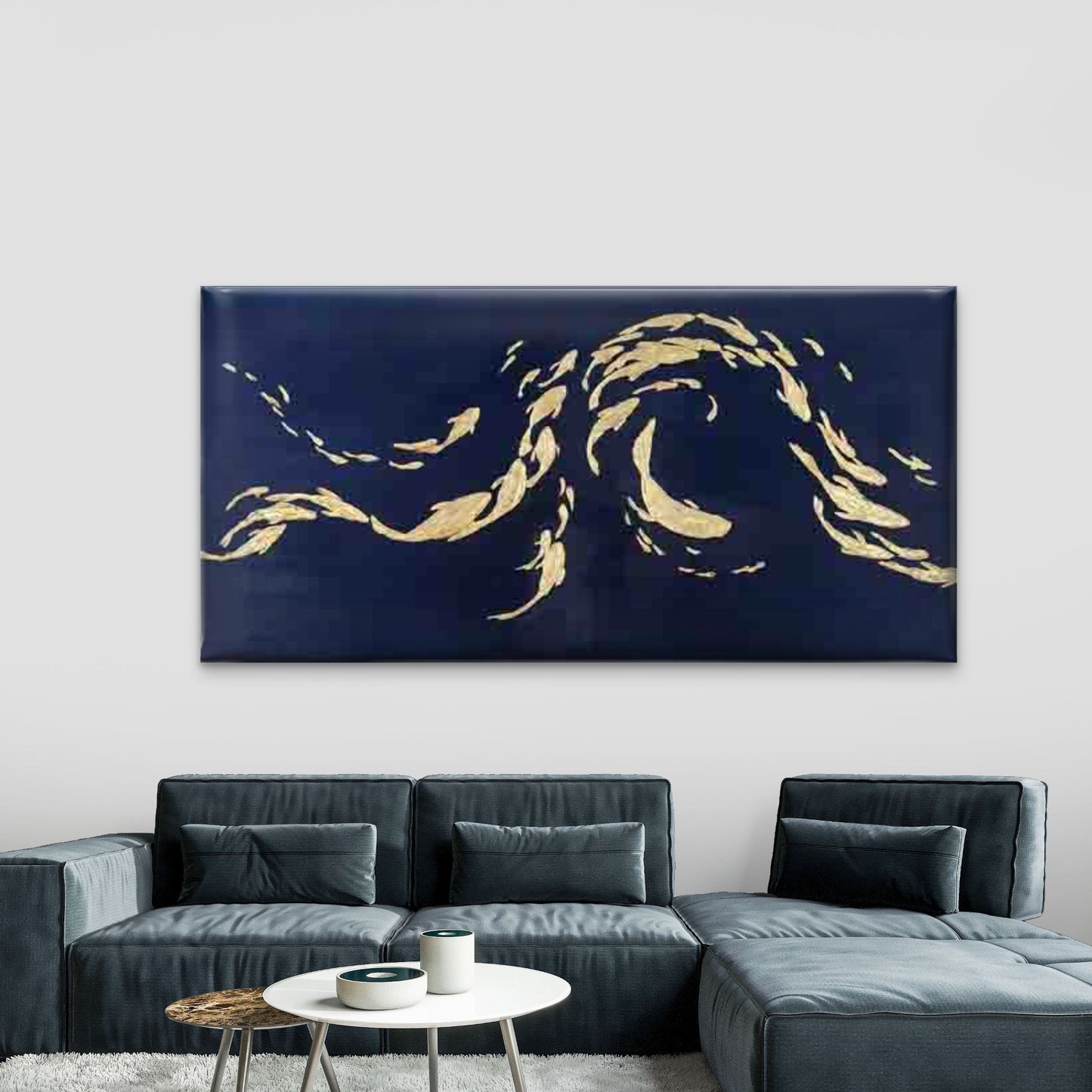 Golden Abstract Fish School Wall Art Canvas Office Home Room Framed 120x60cm