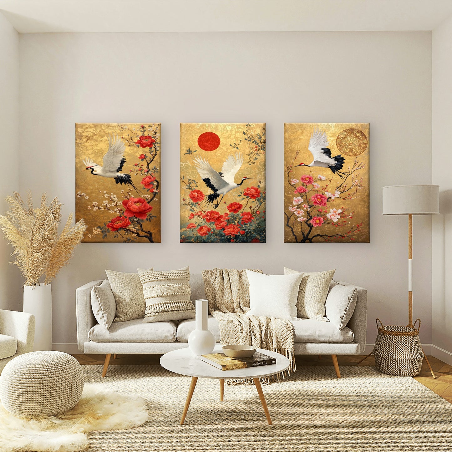 3pcs Japanese Blossom Chinoiserie Gold Crane  Wall Art Set Canvas Framed 40x60cm - High Quality Print 100% Australian Made Wall Canvas Ready to Hang