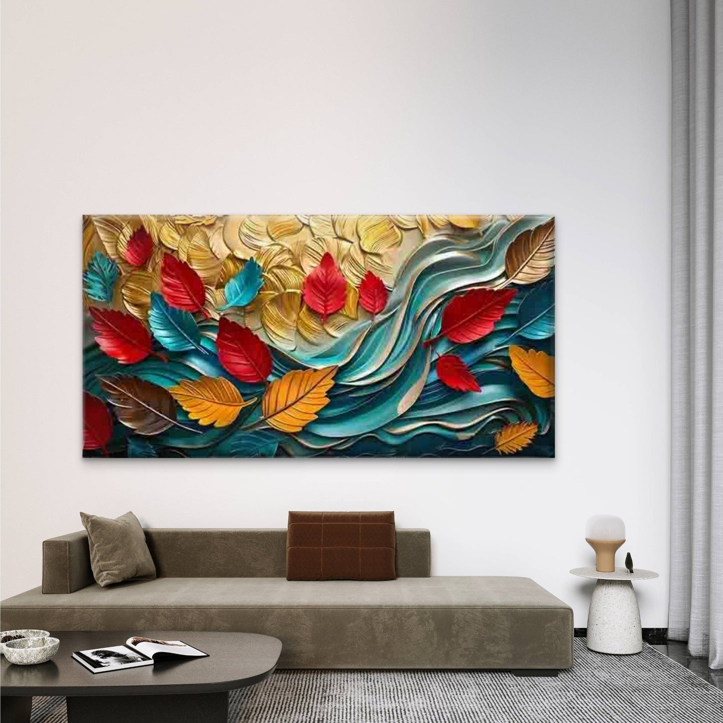 Vibrant Abstract Autumn Leaves Wall Art Canvas Office Home Room Framed 120x60cm