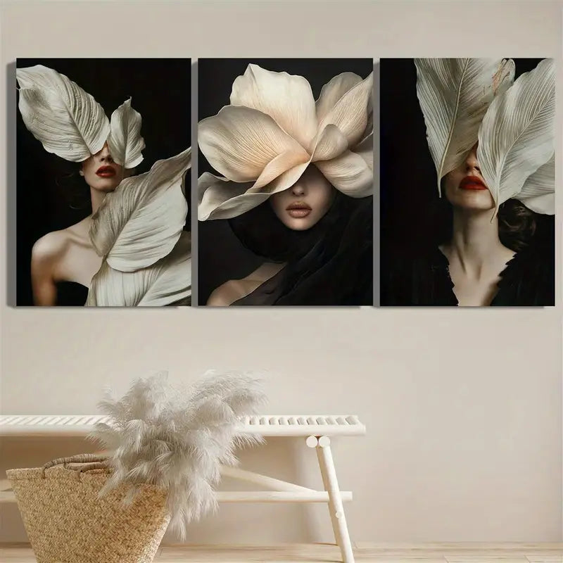 3pcs Black Background Plant Leaves Art, Sexy Woman Metal Print Ready to Hang Art - Bella Home Decor