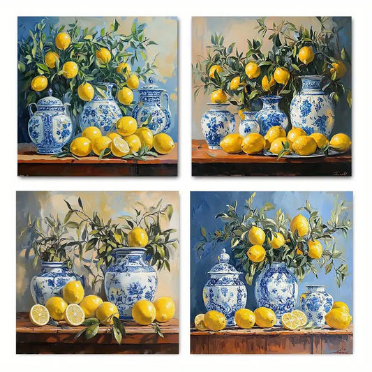 4pcs Vintage Lemon And Blue Cerami Wall Art Canvas Framed