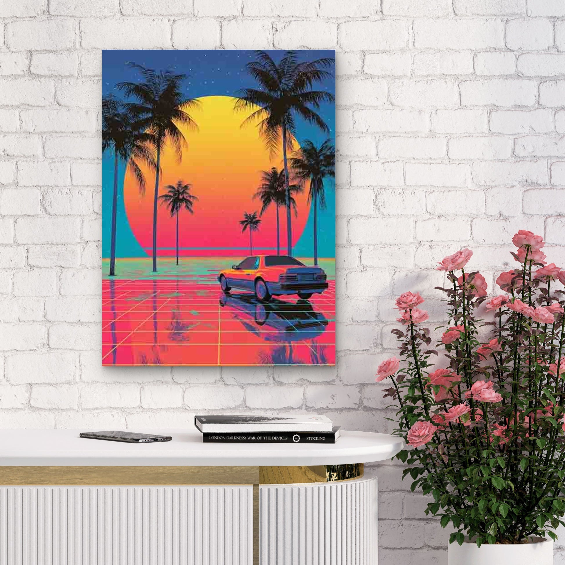 Vintage Funky Neon Landscape With Palm Trees 60x90cm Metal Print Ready to Hang