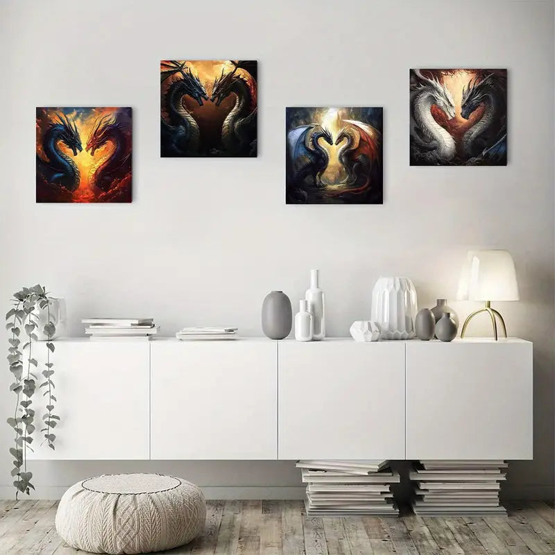 4pcs Evil Dragons Wall Art Canvas Framed