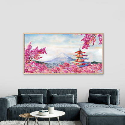 Mount Fuji Cherry Blossoms Art Wall Art Canvas Office Home Room Framed 120x60cm