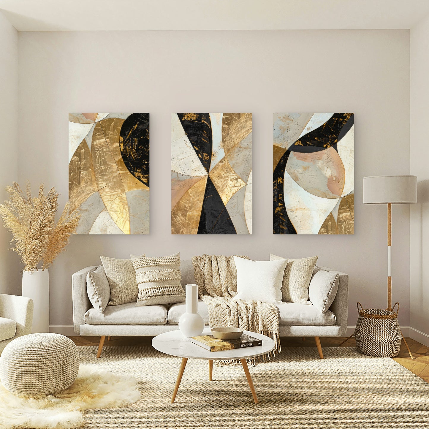 3pcs Gold Foil Black Geometric Split  Wall Art Set Canvas Framed 60x90cm - High Quality Print 100% Australian Made Wall Canvas Ready to Hang