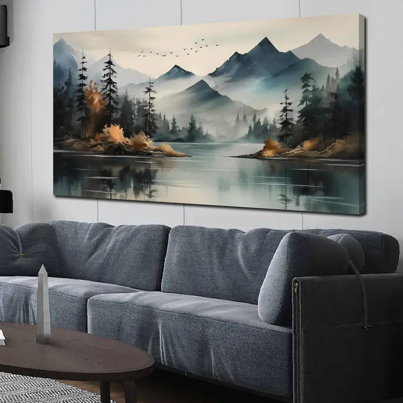 Teal Mountain Tree Landscape Wall Art canvas office home room framed 120x60cm - Bella Home Decor