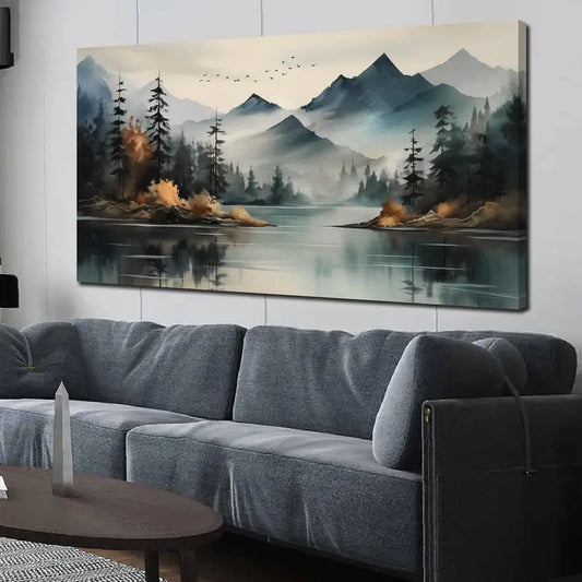 Teal Mountain Tree Landscape Wall Art canvas office home room framed 120x60cm - Bella Home Decor