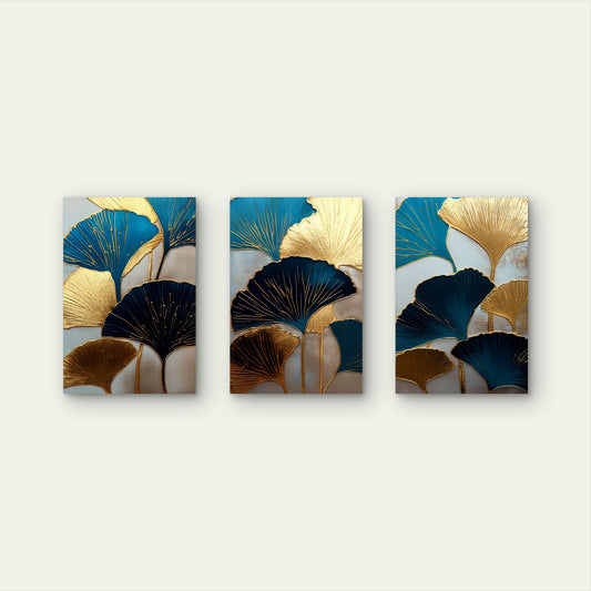 3pcs Gold Ginkgo Biloba Leaf Teal Navy Blue Wall Art Set Canvas Framed 50x70cm - High Quality Print 100% Australian Made Wall Canvas Ready to Hang